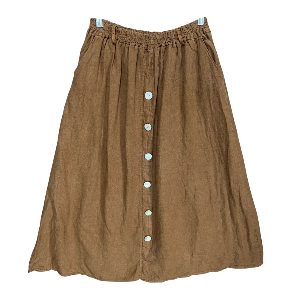 VTG Zuiki 100% Linen Button Front Midi Skirt Capiz Shell Italy Sz M Prairie Boho